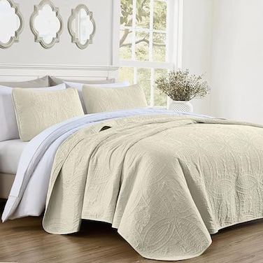 Chezmoi Collection Austin 3-piece Oversized Bedspread Coverlet Set ,Queen, Ivory