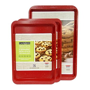 casaWare 3pc Multi-Size Cookie Sheet/Jelly Roll Pan Set ,Red Granite