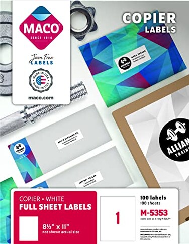 MACO Copier White Full Sheet Labels, 8-1/2" x 11", 1 per Sheet, 100 per Box ,M-5353