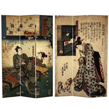 Red Lantern 6 ft. Tall Double Sided Dynasty-Inspired Canvas Room Divider, Japanese Figures