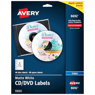 AveryPrintable CD Labels, Matte White, Permanent Adhesive for Inkjet Printers, Includes 40 CD80 Spine Sticker Labels to Write On ,8692