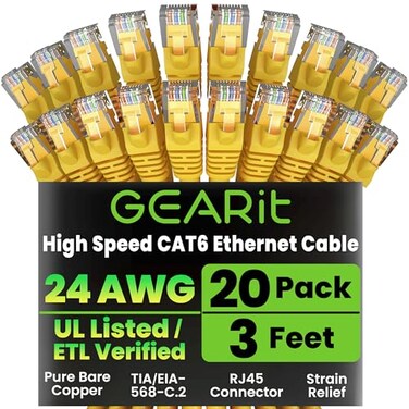 GEARit Cat6 Patch Cables Cat 6 Ethernet Cable 3 ft 20-Pack Yellow
