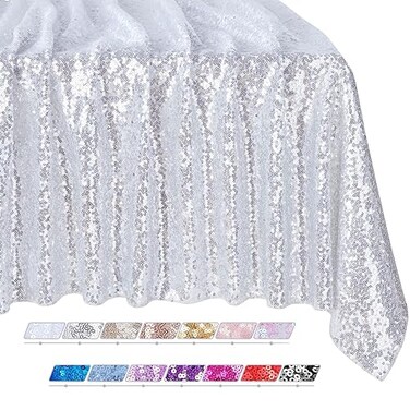 QueenDream 90x156 Inch Rectangle Sequin Tablecloth Glitter Silver Wedding Table Linens