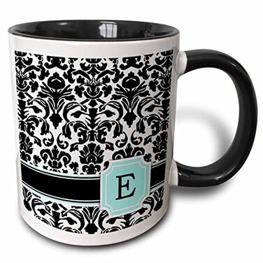 3dRose monogrammed mint blue black white Letter E 11oz Two-Tone Black Mug