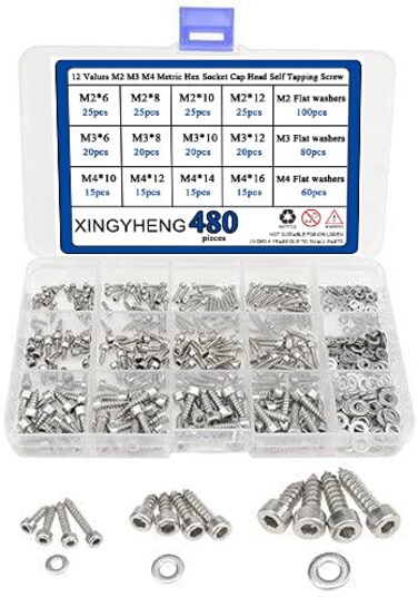 XINGYHENG 480Pcs 12 Values M2 M3 M4 Metric Hex Socket Cap Head Self Tapping Screw with Flat Gasket Washers Assortment Kit