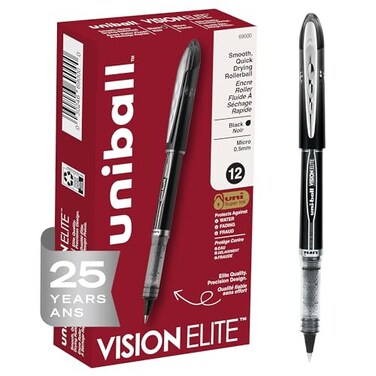 uni-ball Vision Elite Rollerball Pens Fine Point Micro Tip, 0.5mm, Black, 12 Pack