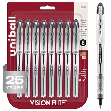 Uni-Ball Uniball Vision Elite Rollerball Pens, Bold Point ,0.8mm, Black, 8 Pack