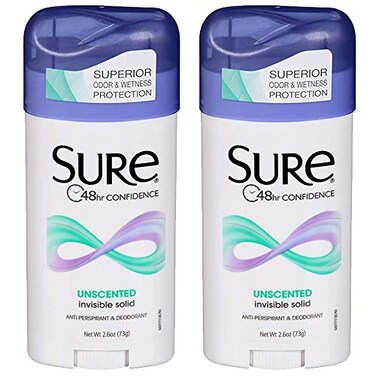 Sure Invisible Solid Anti-Perspirant and Deodorant, Unscented, 2.6-Ounces ,Pack of 2