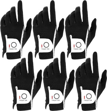 FINGER TEN Golf Gloves Men 6 Pack Rain Hot Wet Use ,Black, Medium,Left