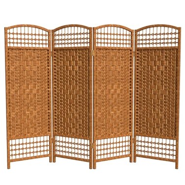 Red Lantern 4 ft. Short Fiber Weave Folding Screen - Dark Beige - 4 Panels