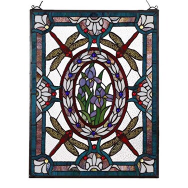 Bieye W10031 Dragonfly Iris Flower Tiffany Style Stained Glass Window Panel with Chain, Rectangular Shape, 19" W x 25" H