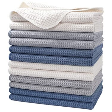 POLYTE 340 GSM Microfiber Waffle Kitchen Dish Tea Towel, 16x28 in, 12 Pack
