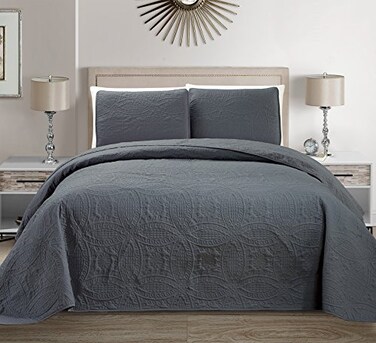 MK Home Mk Collection 3pc King/California King Solid Embossed Bedspread Bed Cover Over Size Dark Grey New
