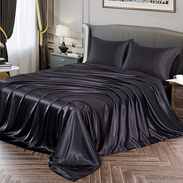 Vonty Satin Sheets Twin Silky Soft Satin Bed Sheets Black Sheet Set, 1 Deep Pocket Fitted Sheet1 Flat Sheet1 Pillowcases