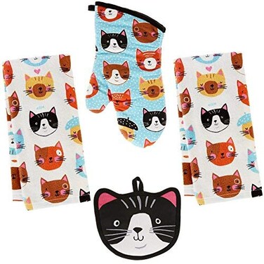 Kay Dee 4 Piece Kitchen Set - 2 Terry Towels, Oven Mitt, Potholder ,Crazy Cat