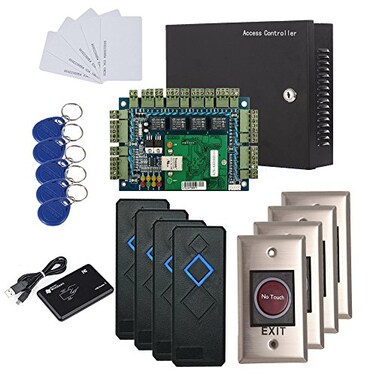MENGQI-CONTROL 4 Doors IP Based Security Access Control Kit with Metal Case 110V Power Box RFID ReaderInfrared Exit ButtonDesktop Enroll ReaderRFID Keychains/Cards APP remotely Open Door