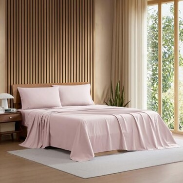 Lacoste 100% Cotton Percale 4-Piece Sheet Set, Iced Pink, Queen