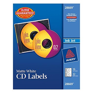 Avery Matte White CD Labels for Inkjet Printers, 16 Face32 Spine Labels