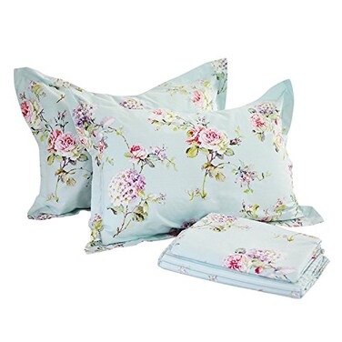 FADFAY Cotton Queen Sheet Set, Rose and Hydrangea Flower, Blue
