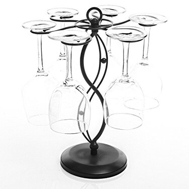 MyGift 6-Hook Rotating Wine Glass Rack, Black Metal Stemware Holder