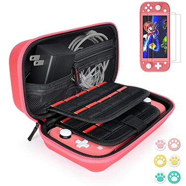 Daydayup Switch Case Compatible with Nintendo Switch Lite with 2 Pack Screen Protector6 Pcs Thumb Grip, 20 Game Cartridges Hard Shell Travel Carrying Switch Lite ConsoleAccessories, Red