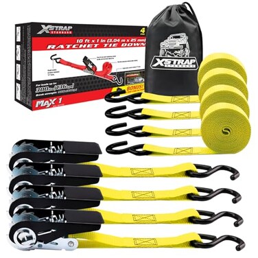 XSTRAP STANDARD 4-PK Ratchet Tie Down Straps, 1" x 10ft Cargo Strap, Yellow