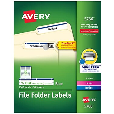 AveryTrueBlockFile Folder Labels, 2/3" x 3-7/16", 1,500 Printable Labels, White/Blue, Permanent ,5766