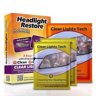 Clear Lights Tech, Headlight Restoration Kit - Headlight Cleaner 3-Wipe System, Helps Remove YellowingOxidation, Helps Improve Headlight Visibility, Long-Lasting UV Protection.