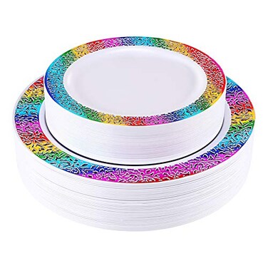 supernal Rainbow Plastic PlatesDisposable Party Dinnerware Set