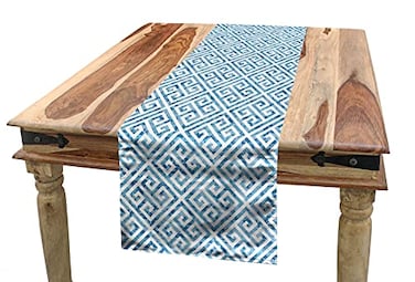 Ambesonne Geometric Table Runner, Tile Mosaic Pattern in Antique Meander and Camo Style Effect Print Modern, Dining Room Kitchen Rectangular Runner, 16" X 72", Blue White