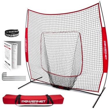 PowerNet BaseballSoftball Practice Net 7x7 FT, Outdoor Baseball Training Equipment for PitchingBatting Practice ,Red Net