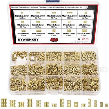 DYWISHKEY 400 Pieces M2 M3 M4 M5 Female Thread Knurled Nuts Brass Threaded Insert Embedment Nuts Assortment Kit