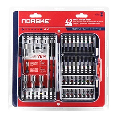 Norske Tools NIBPI703 42-Piece Impact Torsion Screwdriver Bit Set - PH, SQ, TORX Bits, Socket Adapters, Nutsetters, Magnetic QC Bit Holder