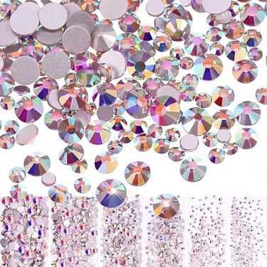 Bememo 3456Pcs AB Crystal Rhinestones Flat Back Mixed Size gems,Iridescent