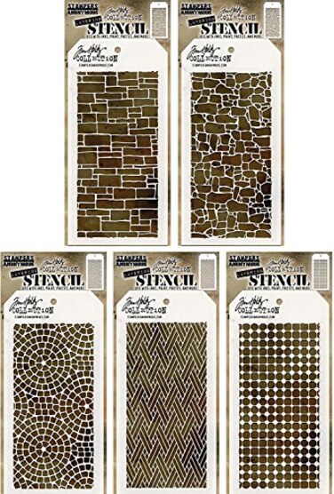 Tim Holtz - Stencils Set 11 - Five Item Bundle - Spring 2017 Release - Slate, Stone, Mosaic, Woven, and Grid Dot