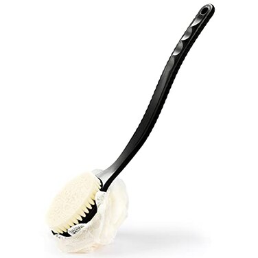 Shower Body Brush Bristles &amp; Mesh Loofah Sponge,Curved Handle Back Scrubber