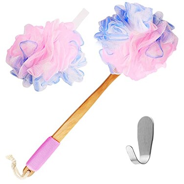 Yoove Pink Loofah Back Scrubber with Bamboo Charcoal Handle