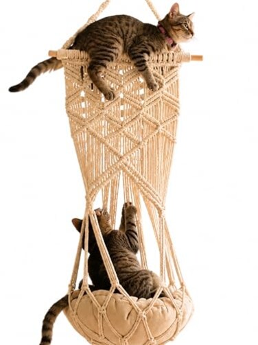 KARCEEY Macrame Cat Hammock Hanging Bed - Boho Wall Swing with Catnip Cushion for Wall Climber &amp; Window Perch - Hardware Kit Included