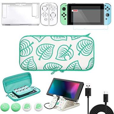 Switch Accessories Bundle for Animal Leaf Crossing, Switch Carrying Case with Playstand &amp; Screen Protector &amp; 4 Thumb Grip Caps &amp; Protective Cover &amp; Charging Cable