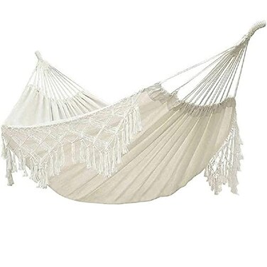 YFUG GO Double Sized Boho Macrame Cream Hammock with Elegant Tassels and Fishtail Knitting 485Lbs Includes Tie Ropes and White Drawstring Bag for Women