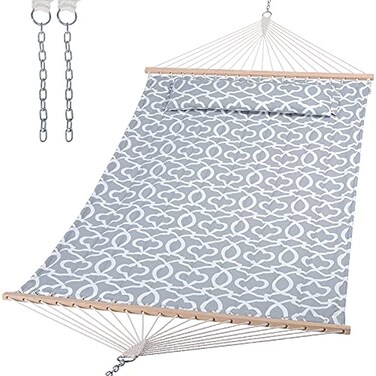 SUNCREAT Double Quilted Hammock with Hardwood Spreader Bar, Grey Pattern
