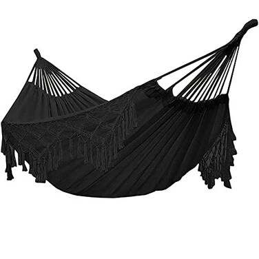 YFUG GO Double Sized Boho Macrame Black Hammock with Elegant Tassels and Fishtail Knitting 485Lbs Includes Tie Ropes and Black Drawstring Bag for Women