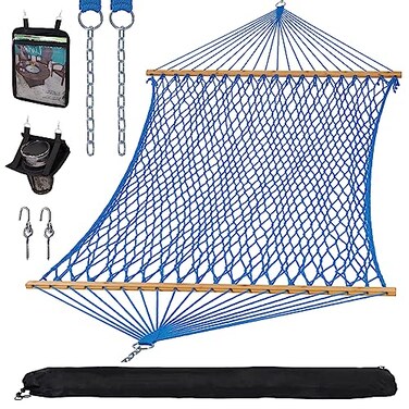 SUNCREAT Polyester Rope Hammock with Spreader Bar, Carrying Bag, Blue