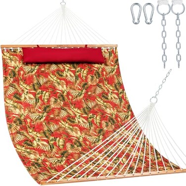 Lazy Daze 12FT Double Quilted Hammock for Outside with Pillow, Red Leaf