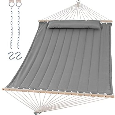 SUNCREAT Portable Double Hammock with Hardwood Spreader Bar, Light Gray