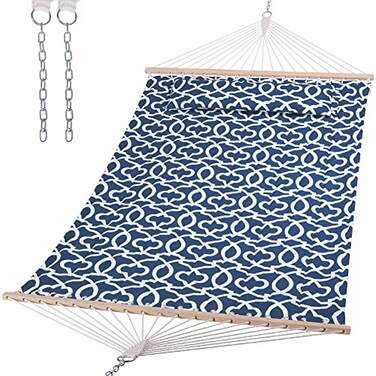 SUNCREAT Double Tree Hammock with Hardwood Spreader Bar, Blue Pattern