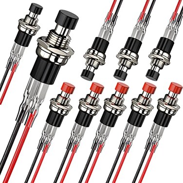 DIYhz Momentary Push Button Switch, 1A 250VAC SPST Mini Pushbutton Switches with Wire Normal Closed(NC) Black &amp; Red Cap - 10pcs