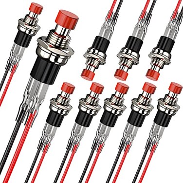 DIYhz Momentary Push Button Switch, 1A 250V AC SPST Mini Pushbutton Switches with Wire Normal Closed(NC) Red Cap - 10pcs