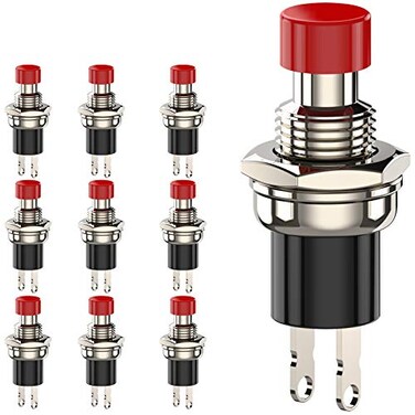DIYhz Momentary Push Button Switch, 1A 250VAC SPST Mini Pushbutton Switches Normal Closed(NC) Red Cap - 10pcs