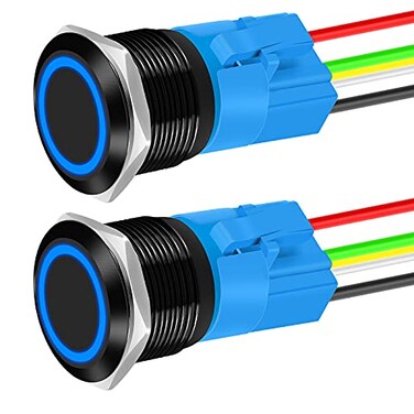DaierTek 22mm Latching Push Button Switch 12V Waterproof Blue LED Metal Push Button Switch 12 Volt DC ON Off SPDT maintained Pushbutton Switch for Marine -2pcs